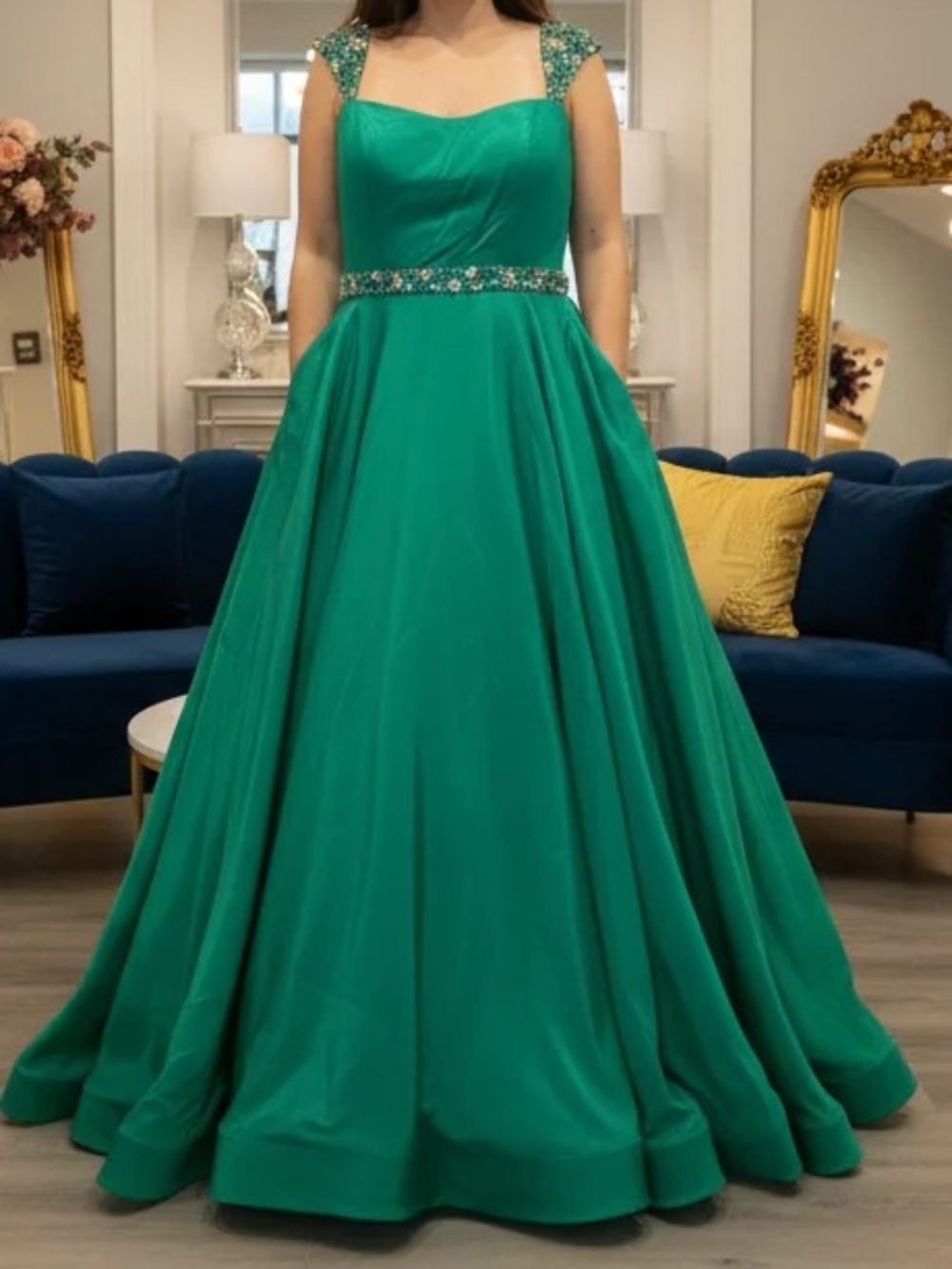 Sherri Hill Emerald Green Beaded Cap Sleeve Ball Gown